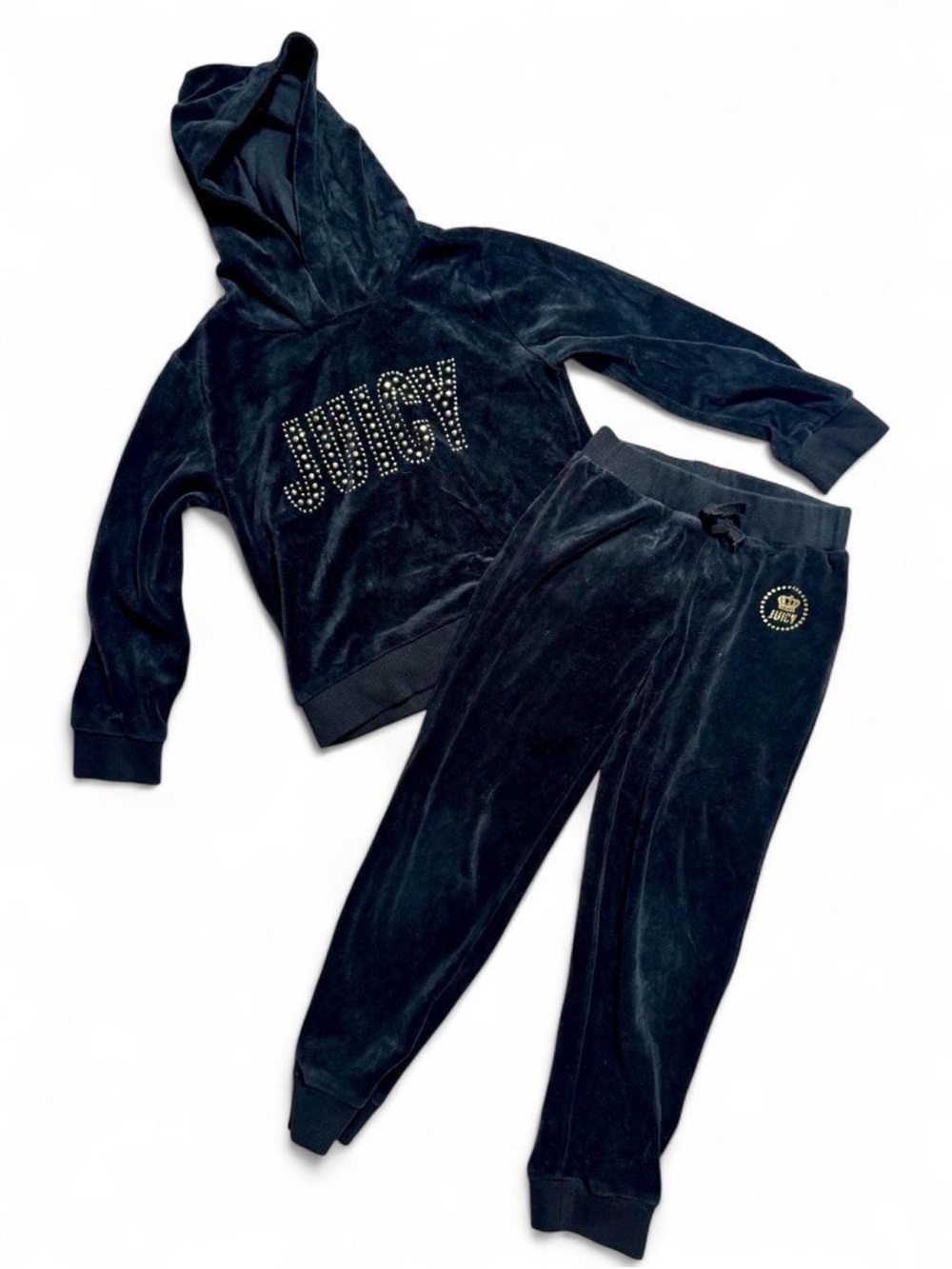 Juicy Couture Kids Black Velour Tracksuit Hoodie & Jogger Set - Gold Rhinestone